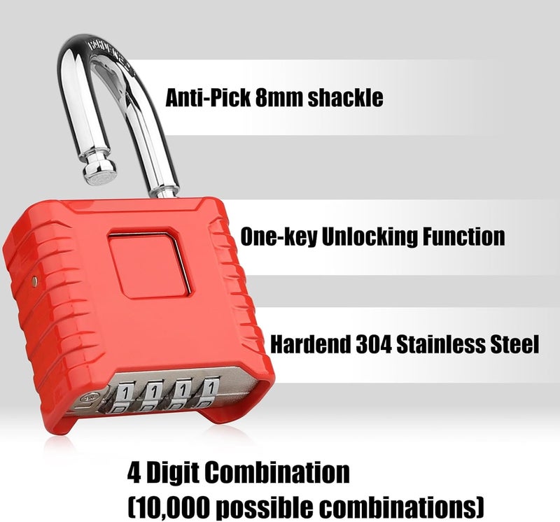 Diyife Large Outdoor Padlock [One-Touch Unlocking] [Resettable], Heavy Duty Combination Padlock, Design of Hidden Password, High Security Weatherproof for Locker, Home, School, Garage, Gate, Red - Image 3